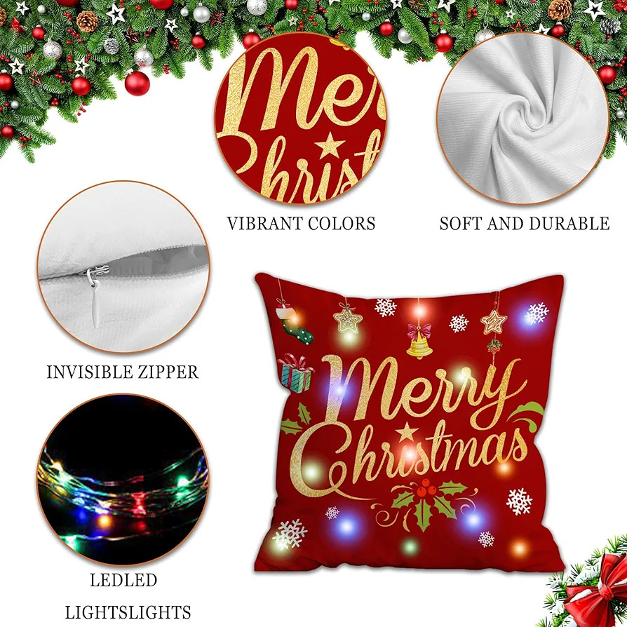 روکش کوسن جنس مخمل و ال ای دار کریسمسی دکوراتیو